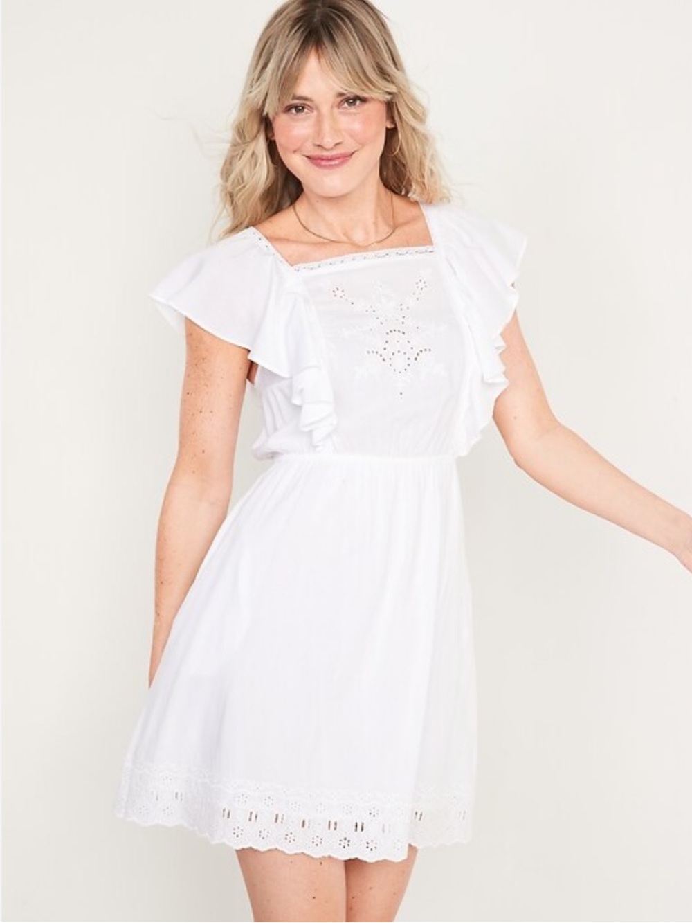 Old Navy White Eyelet Flutter Sleeve Tie Back Mini Dress Size Medium